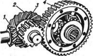 Двойная главная передача: 1 и 2 - конические зубчатые колёса; 3 и 4 - цилиндрические зубчатые колёса