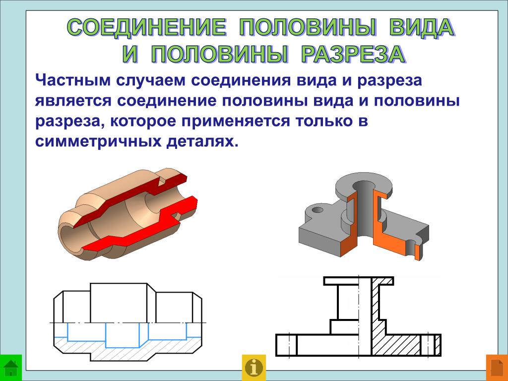 Соединение. Рис 192 соединение половины вида и половины разреза. Пол вида пол разреза чертеж. Совмещение вида и разреза на чертеже. Половина вида половина разреза.