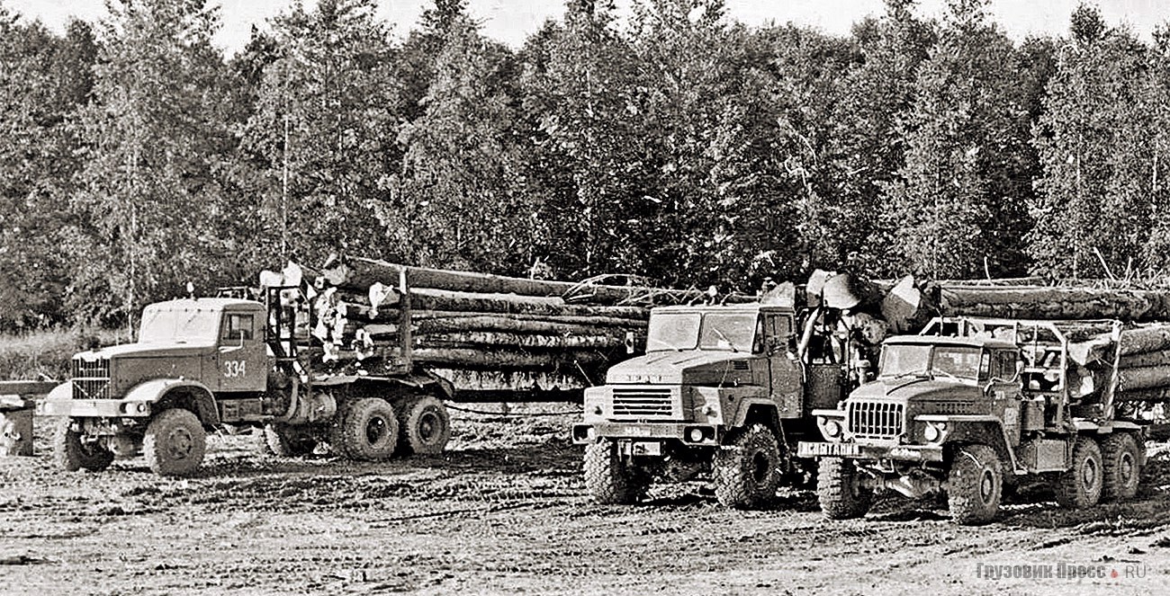 Соперниками двускатных КрАЗов (на фото слева – «6439-й») были новый «лаптёжник» КрАЗ-260ЛС с роспуском ГКБ-93852 (в центре), «Урал-4320» с ГКБ-9851 (справа) и МАЗ-5434 с ГКБ-9362. 1982 г.