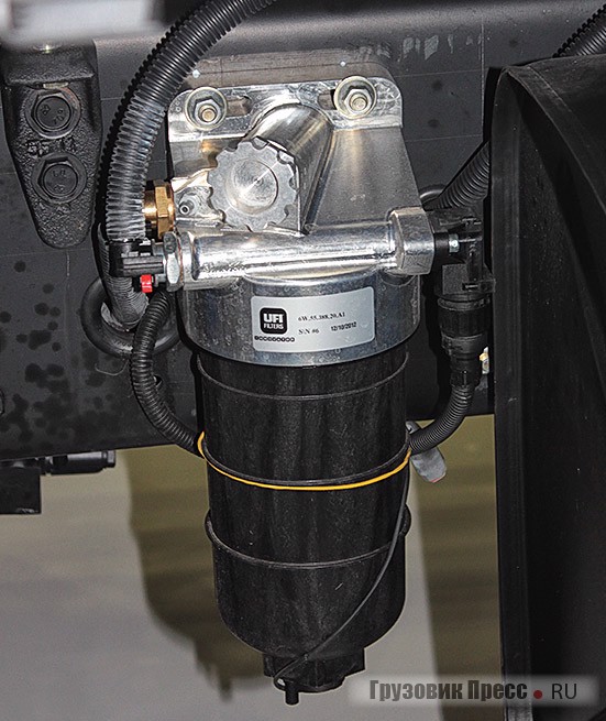 Фильтр-сепаратор с подогревом, но лишился кнопки ручной подкачки. В двигателе ОМ 457 это делает предварительный насос (Euro 5)