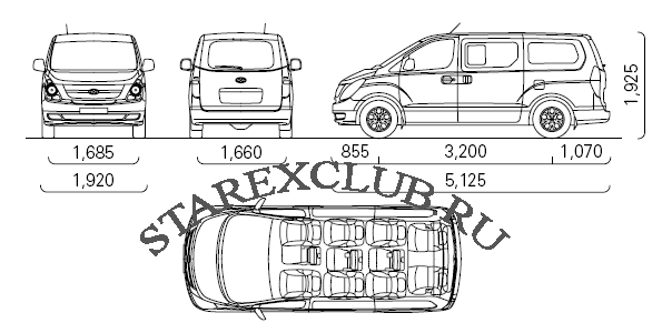 Схема с размерами Grand Starex 12 мест