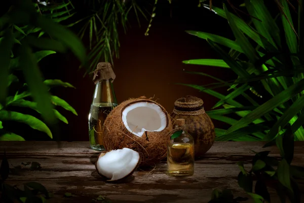Крупным планом вид приятный свежий кокосовый на фоне зеленых листьев — стоковое фото